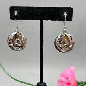 Silver Abstract Rose Silver Rivet Mother Of Pearl Vintage Drop Earrings